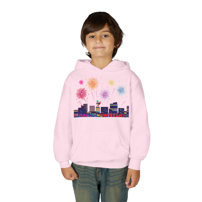 Youth Heavy Blend Hooded Sweatshirt - Super kiddo with fireworks with text - [[{"value":"Wonderwear Kid"}]]