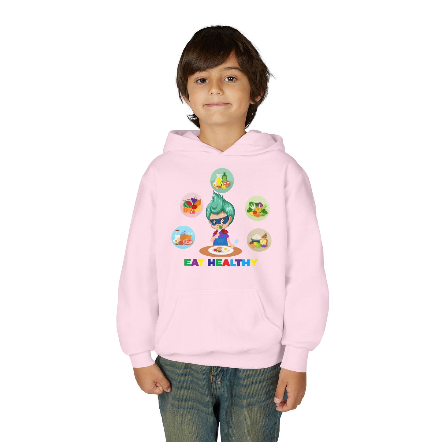 Youth Heavy Blend Hooded Sweatshirt - Supper kiddo showing healthy food to eat