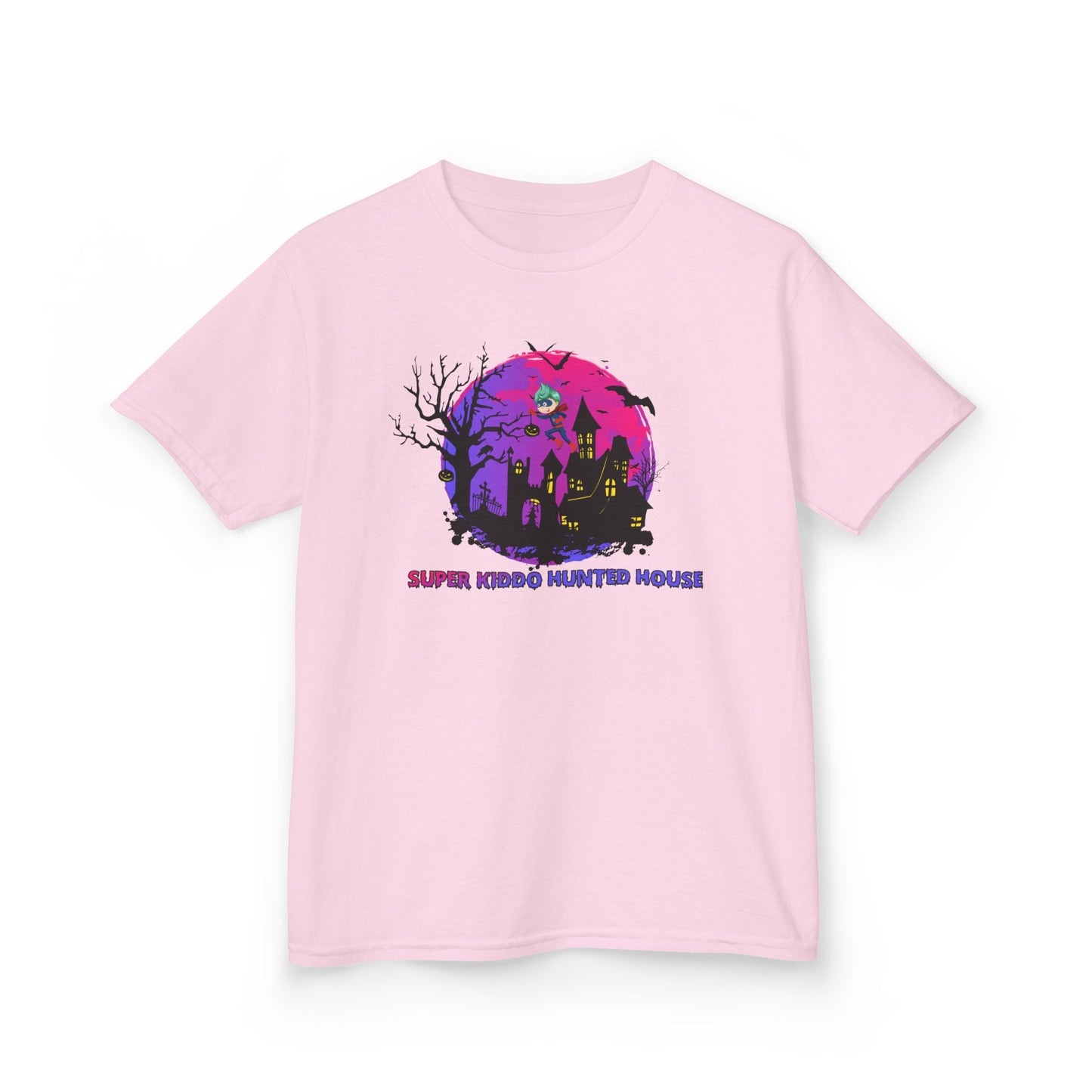 Kids Heavy Cotton™ Tee - Super kiddo flying on hunted house - [[{"value":"Wonderwear Kid"}]]