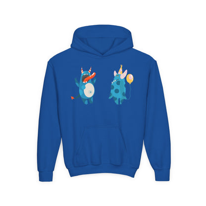 Youth Heavy Blend Hooded Sweatshirt - Blue monsters in action Printify