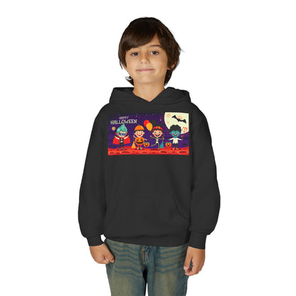 Youth Heavy Blend Hooded Sweatshirt - Super kiddo with friends on holloween - [[{"value":"Wonderwear Kid"}]]