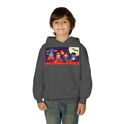 Youth Heavy Blend Hooded Sweatshirt - Super kiddo with friends on holloween - [[{"value":"Wonderwear Kid"}]]