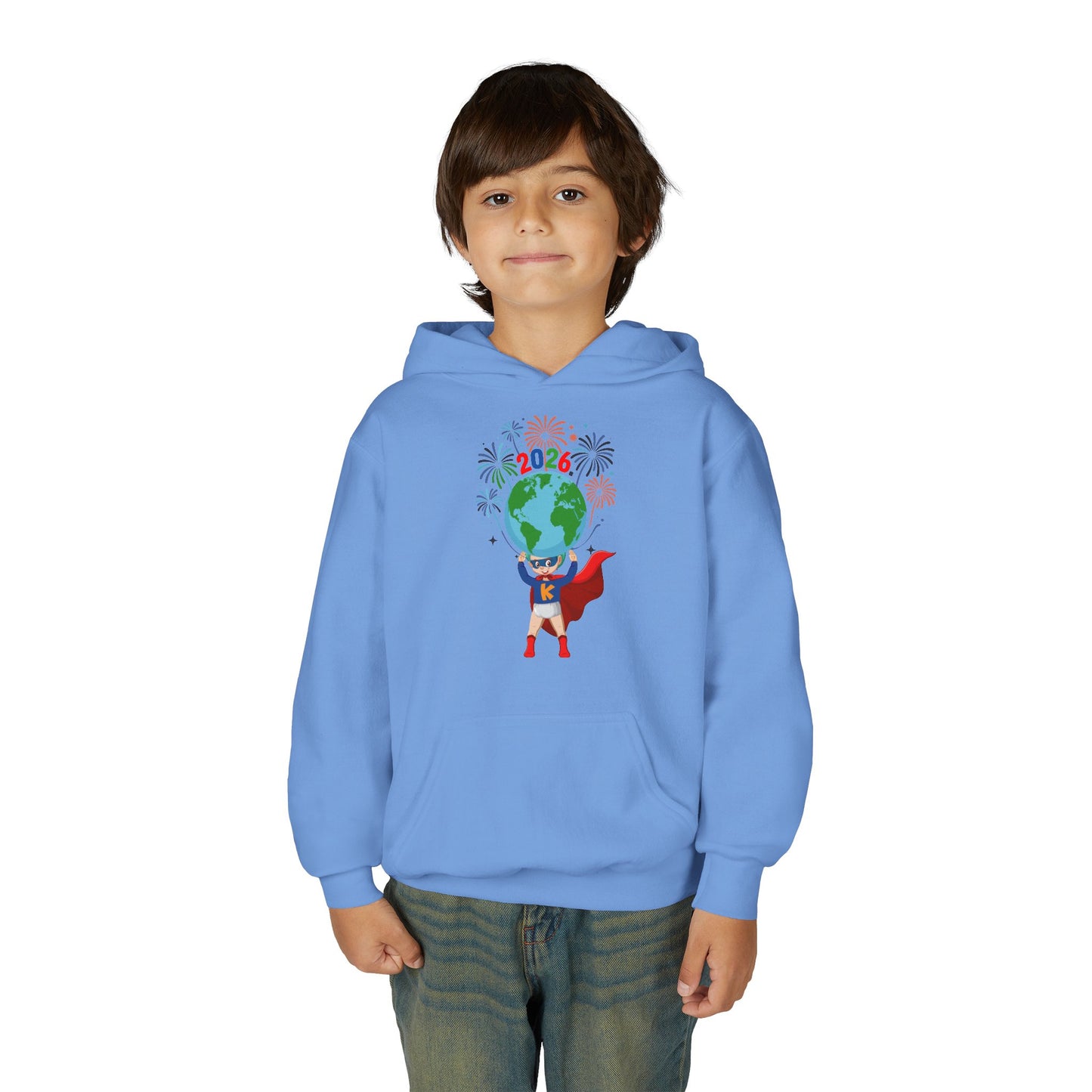 Youth Heavy Blend Hooded Sweatshirt - Super kiddo holding globe