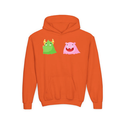 Youth Heavy Blend Hooded Sweatshirt - Green and pink monsters Printify