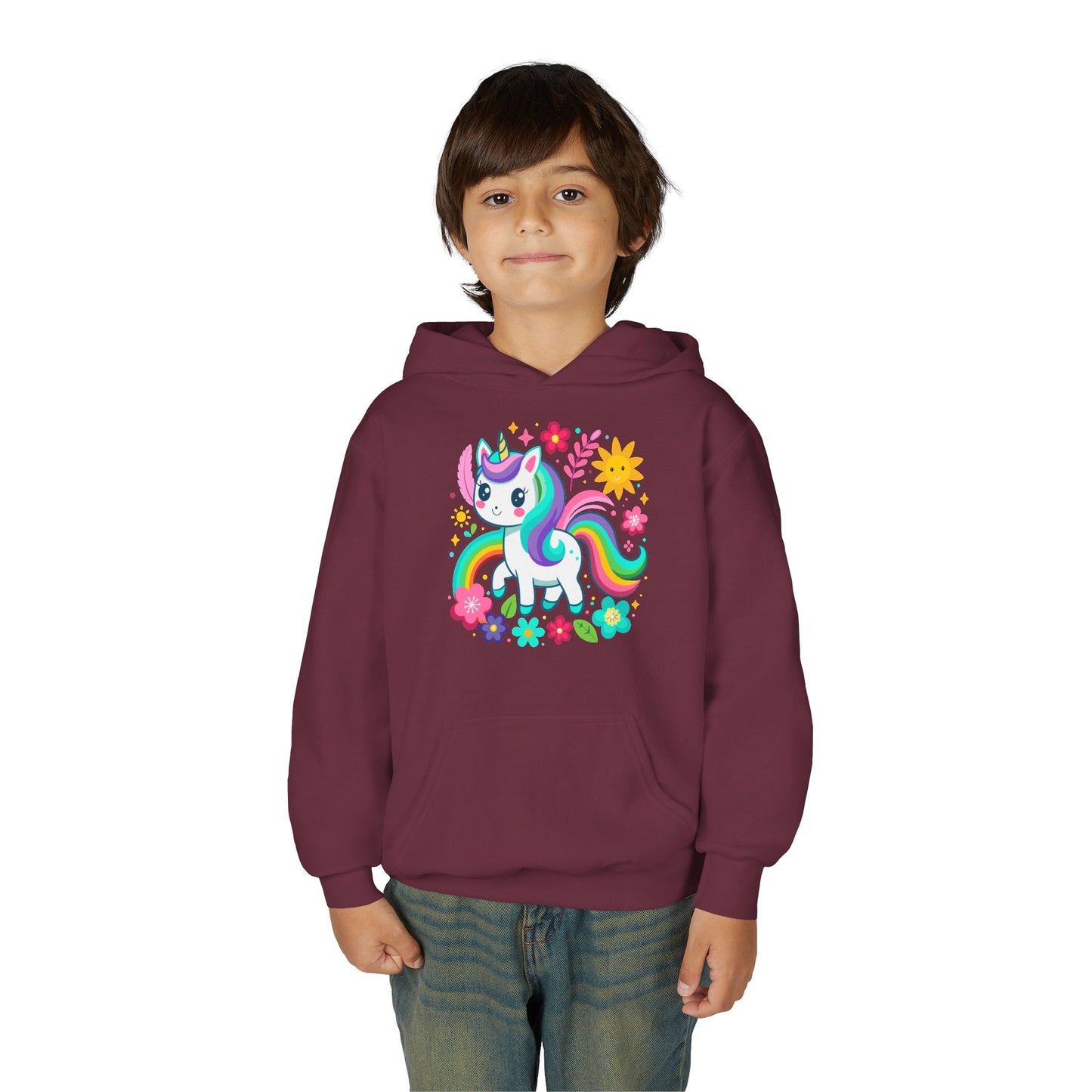 Youth Heavy Blend Hooded Sweatshirt - Unicorn with flowers