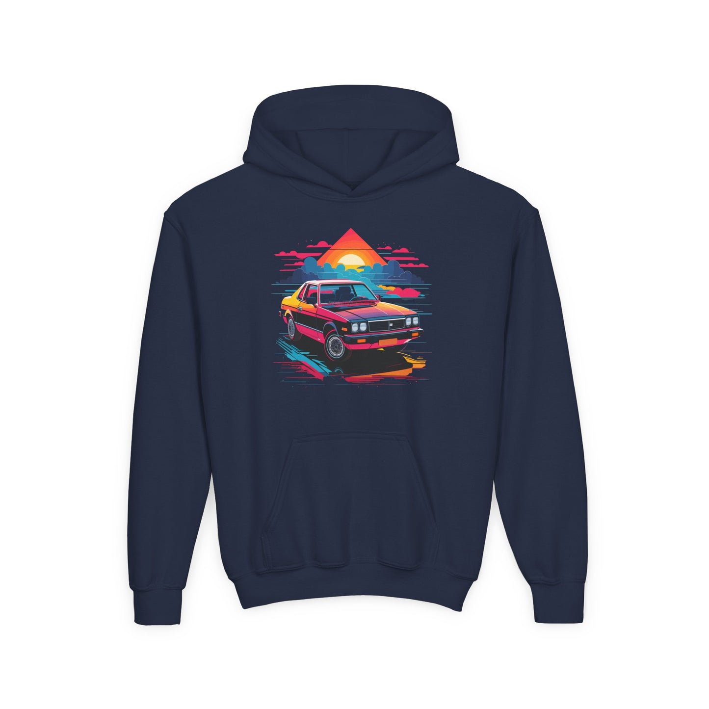 Youth Heavy Blend Hooded Sweatshirt - Retro Car and Sunset