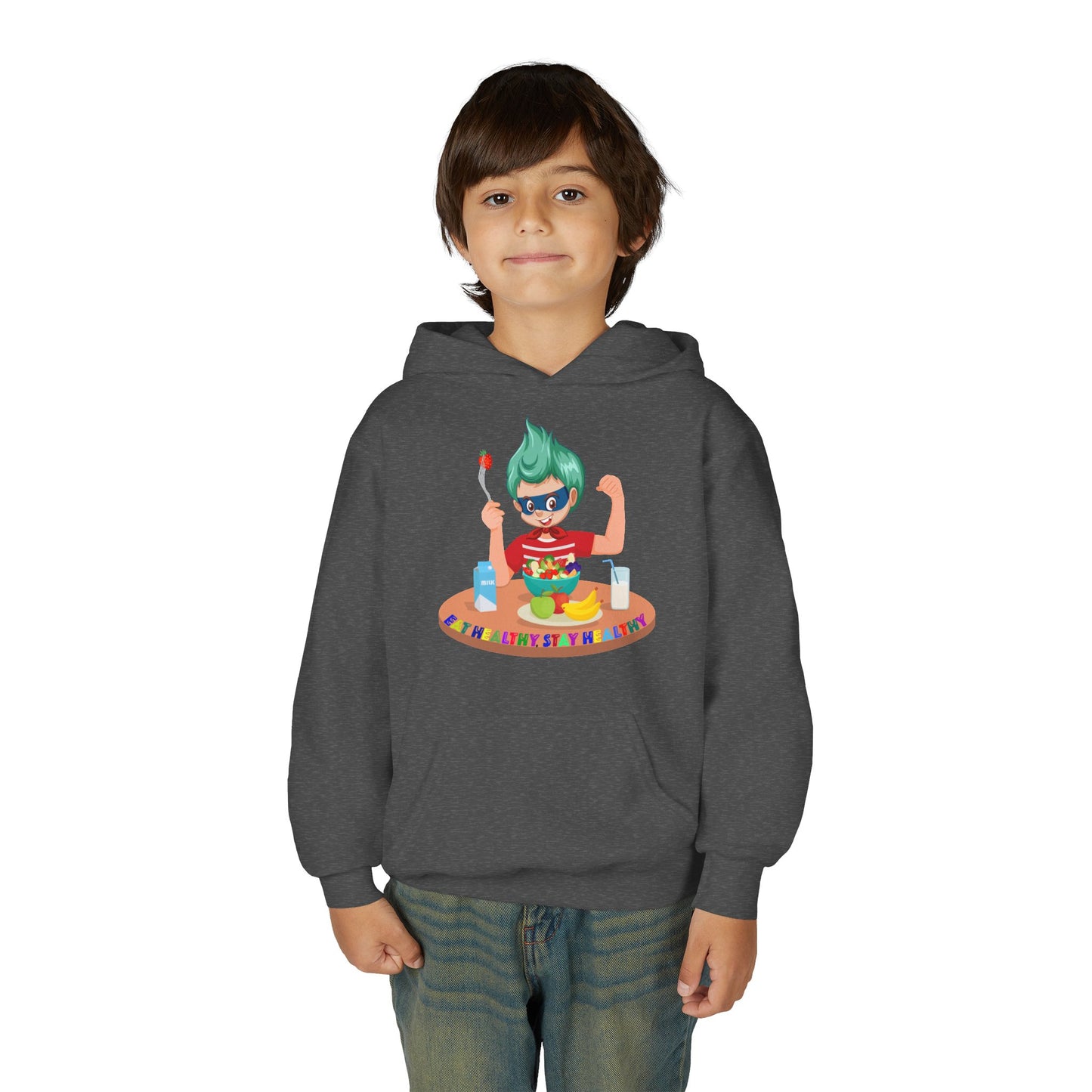 Youth Heavy Blend Hooded Sweatshirt - super kiddo eating healthy food