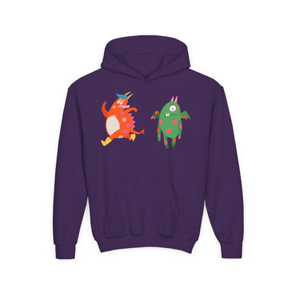 Youth Heavy Blend Hooded Sweatshirt - Monsters in action Printify