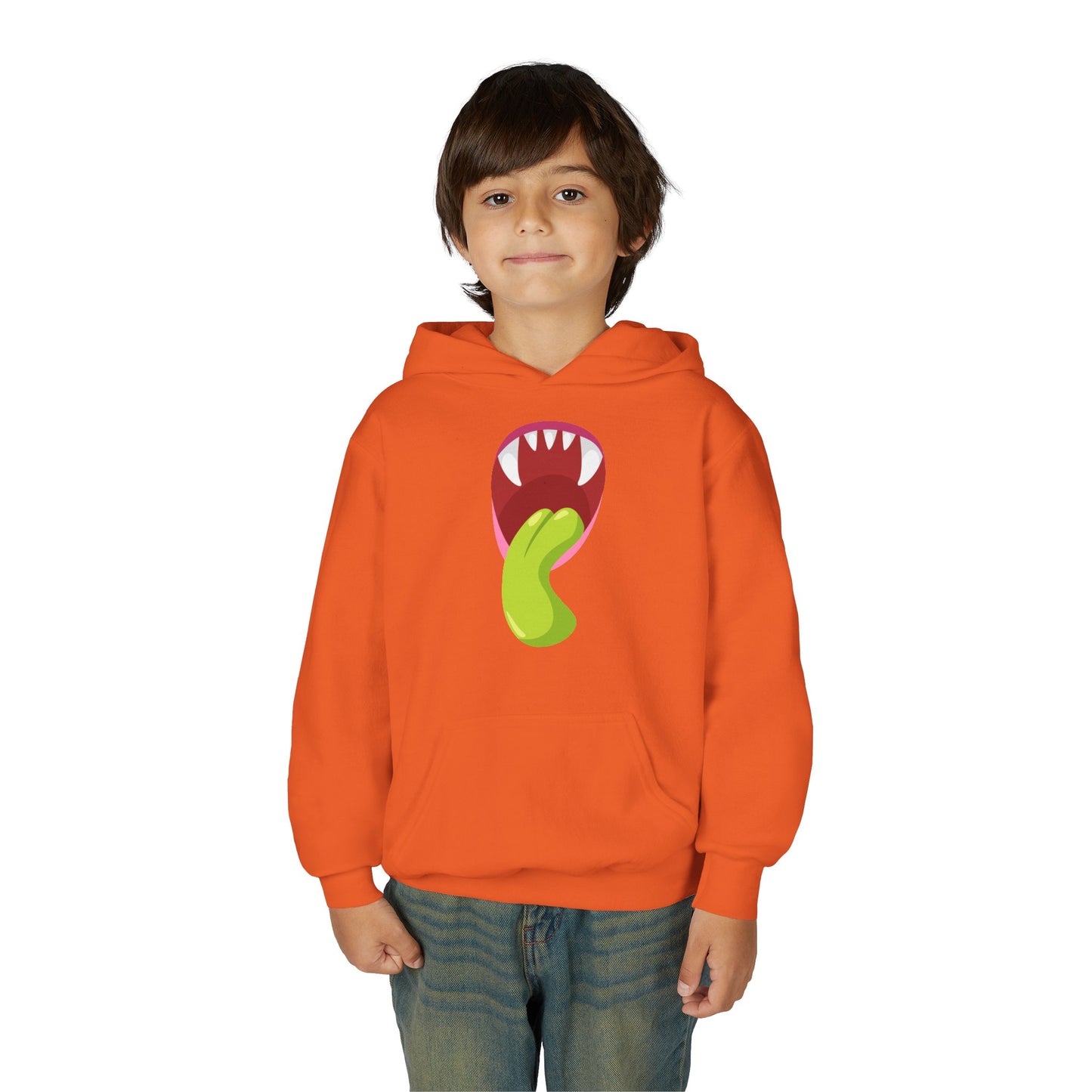 Youth Heavy Blend Hooded Sweatshirt - Monster showing tongue