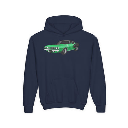 Youth Heavy Blend Hooded Sweatshirt - Vintage green car Printify