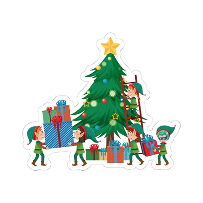 Kiss-Cut Stickers - Super kiddo putting gifts on christmas tree - [[{"value":"Wonderwear Kid"}]]