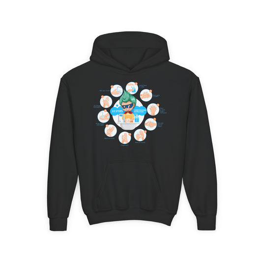 Youth Heavy Blend Hooded Sweatshirt - Super kiddo hand washing steps - [[{"value":"Wonderwear Kid"}]]