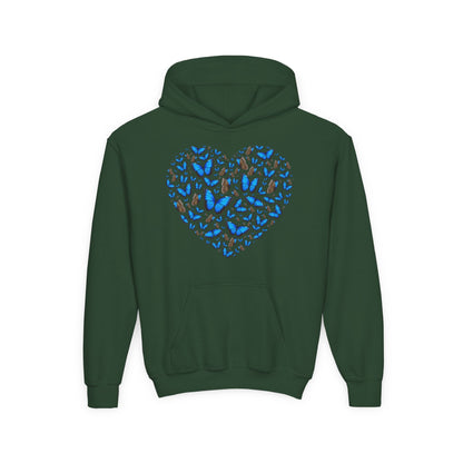 Youth Heavy Blend Hooded Sweatshirt -  Heart shape blue morpho butterfly Printify