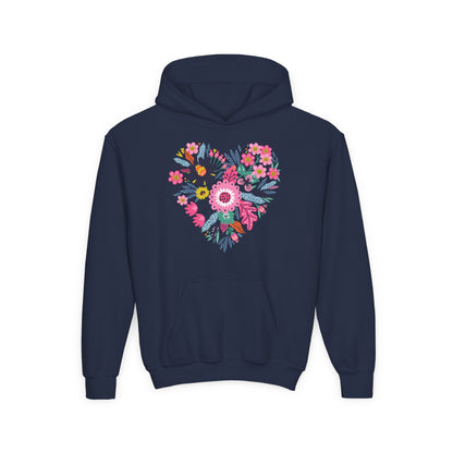 Youth Heavy Blend Hooded Sweatshirt - Flower hearts Printify