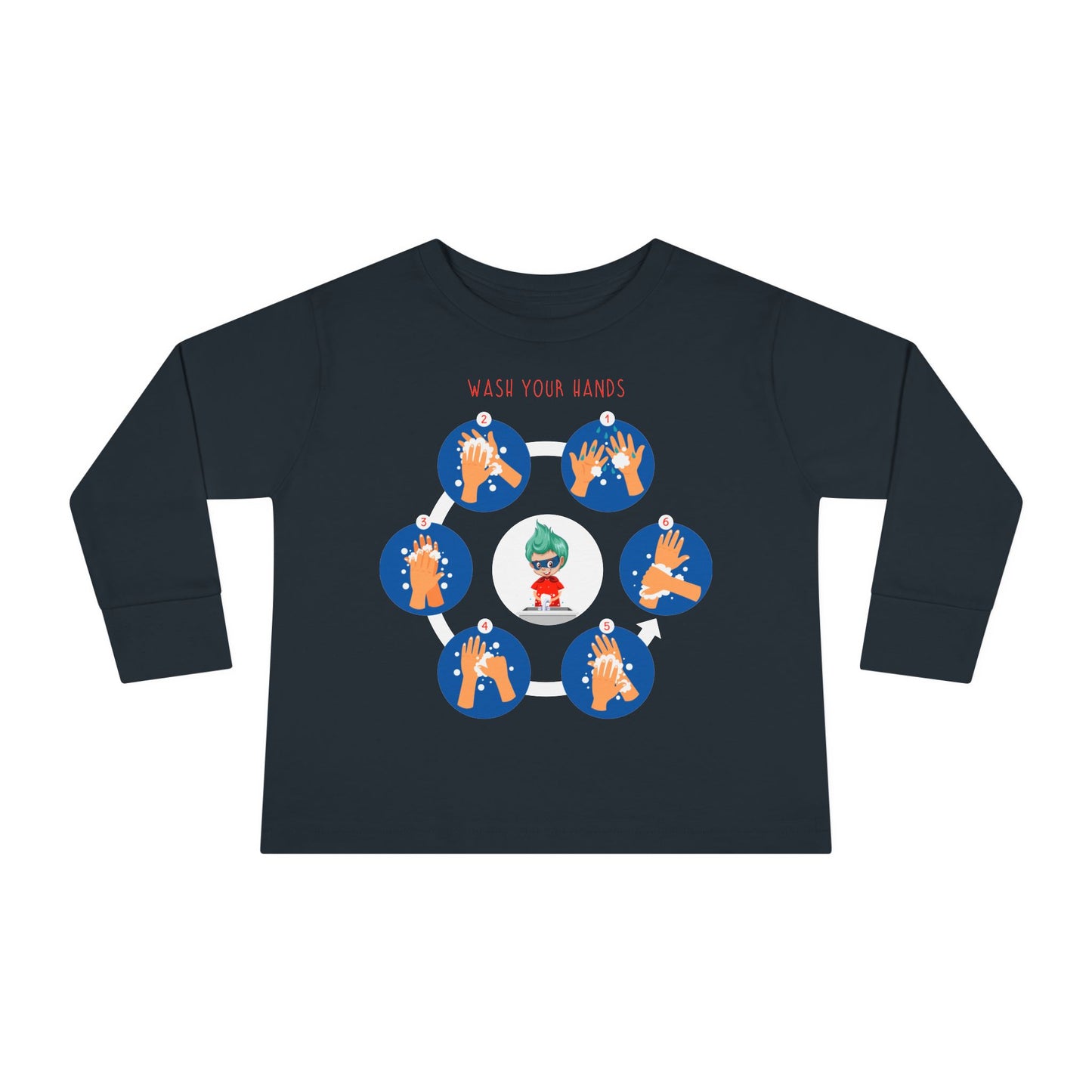 Toddler Long Sleeve Tee - Super kiddo teaching how to wash hands - [[{"value":"Wonderwear Kid"}]]