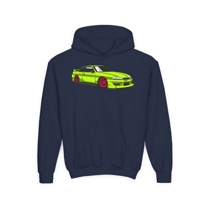 Youth Heavy Blend Hooded Sweatshirt - Yellow green race car Printify