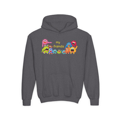 Youth Heavy Blend Hooded Sweatshirt - Colorful Monster Friends Printify