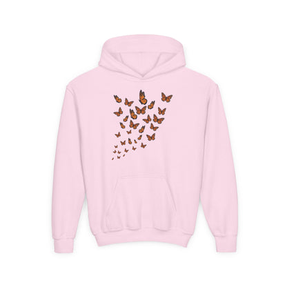 Youth Heavy Blend Hooded Sweatshirt - Group of monarch butterfly Printify
