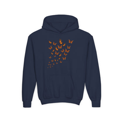 Youth Heavy Blend Hooded Sweatshirt - Group of monarch butterfly Printify