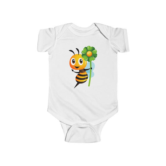 Infant Fine Jersey Bodysuit - Bee holding green flower