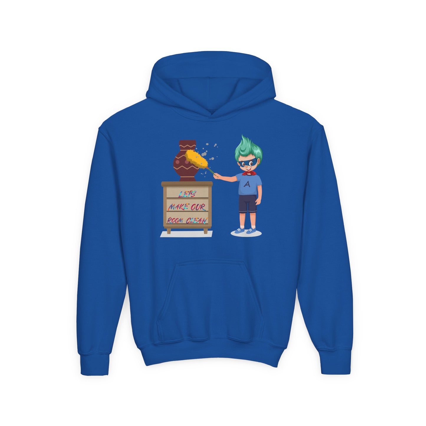 Youth Heavy Blend Hooded Sweatshirt - Super kiddo cleaning a vase