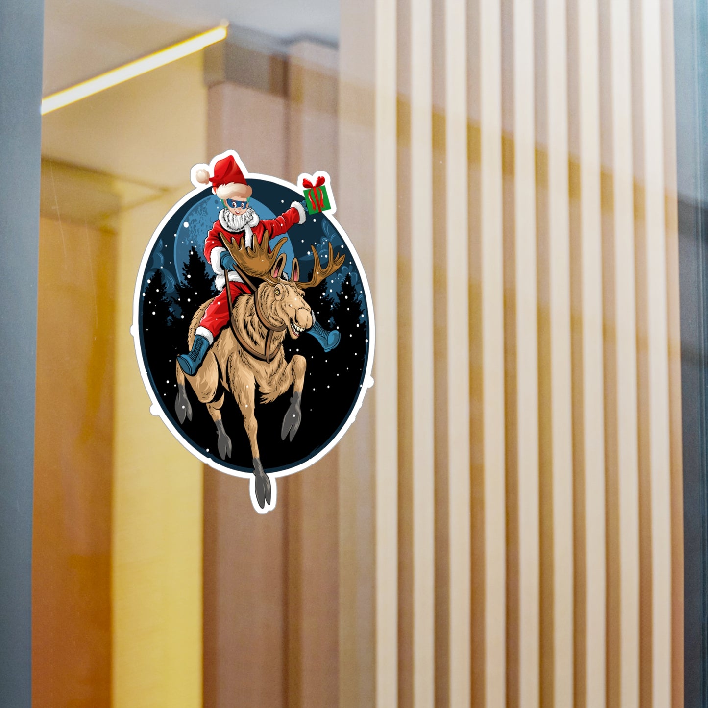 Christmas Kiss-Cut Vinyl Decals – Super kiddo riding a reindeer - [[{"value":"Wonderwear Kid"}]]