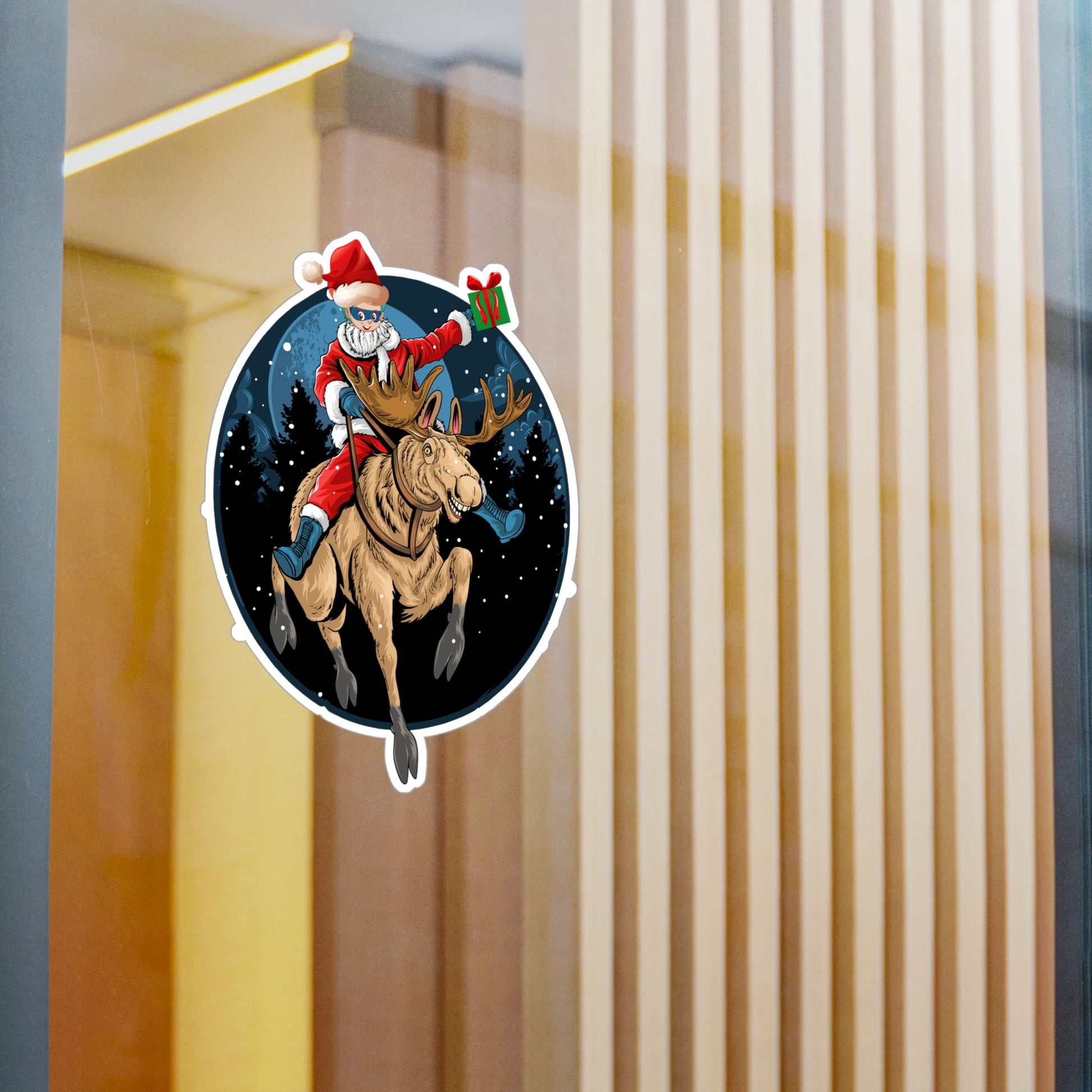 Christmas Kiss-Cut Vinyl Decals – Super kiddo riding a reindeer - [[{"value":"Wonderwear Kid"}]]