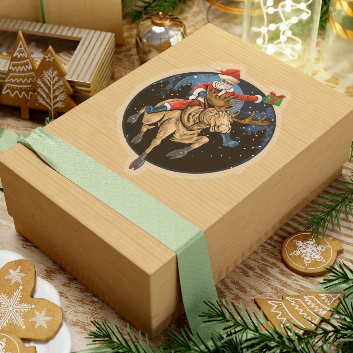 Kiss-Cut Stickers - Super kiddo riding a reindeer - [[{"value":"Wonderwear Kid"}]]