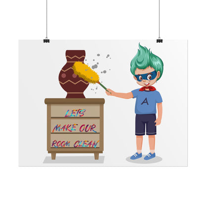 Rolled Posters - Super kiddo cleaning a vase - [[{"value":"Wonderwear Kid"}]]