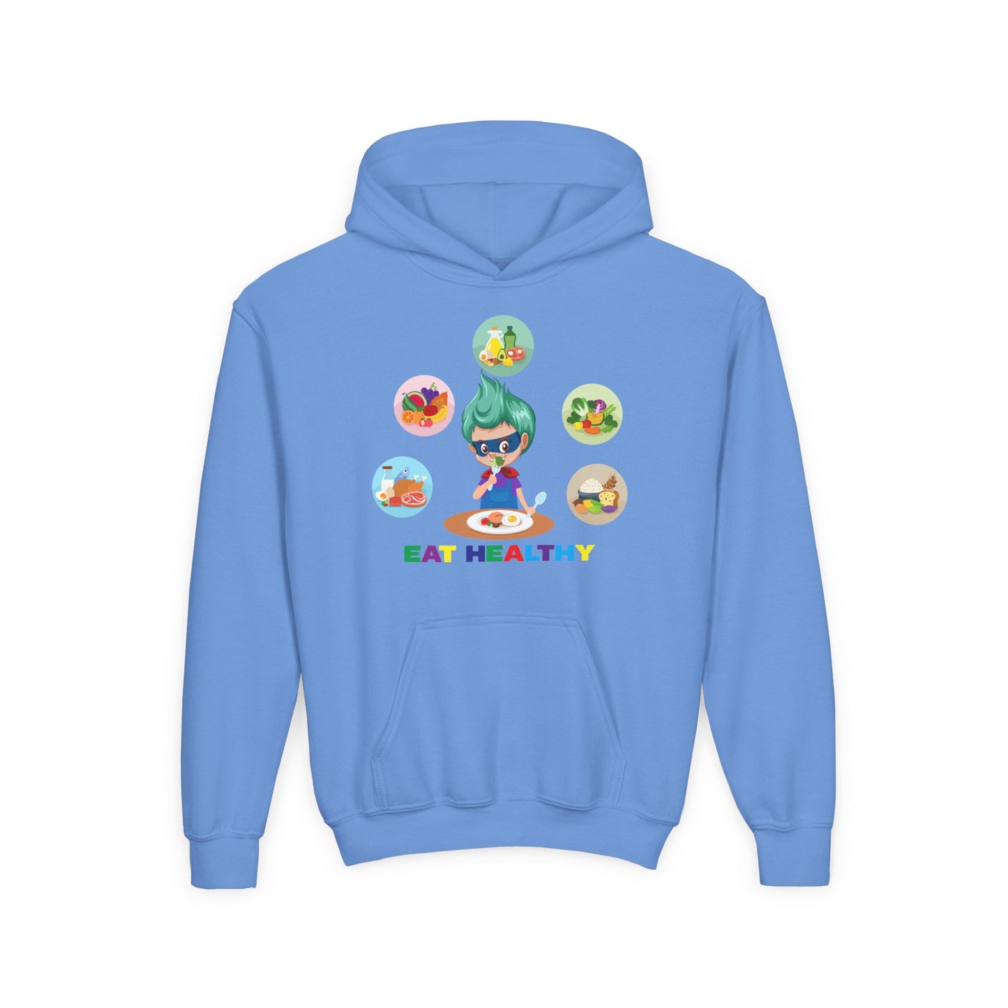 Youth Heavy Blend Hooded Sweatshirt - Supper kiddo showing healthy food to eat