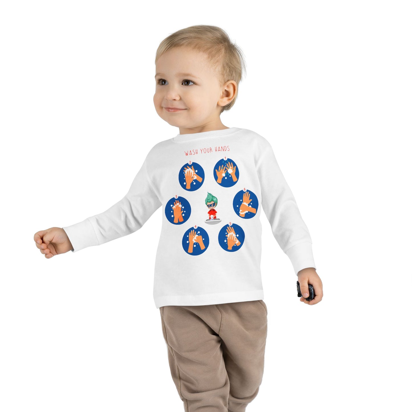 Toddler Long Sleeve Tee - Super kiddo teaching how to wash hands - [[{"value":"Wonderwear Kid"}]]
