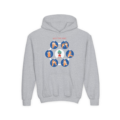 Youth Heavy Blend Hooded Sweatshirt - Super kiddo teaching how to wash hands - [[{"value":"Wonderwear Kid"}]]