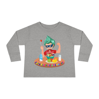 Toddler Long Sleeve Tee - super kiddo eating healthy food - [[{"value":"Wonderwear Kid"}]]