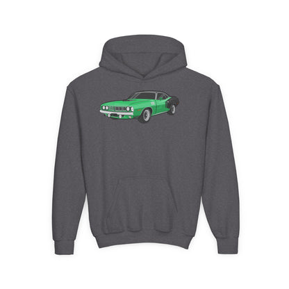 Youth Heavy Blend Hooded Sweatshirt - Vintage green car Printify