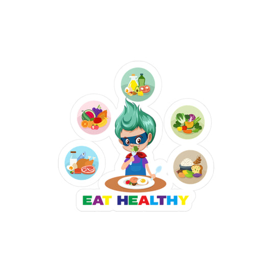 Halloween Kiss-Cut Vinyl Decals – Supper kiddo showing healthy food to eat - [[{"value":"Wonderwear Kid"}]]