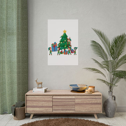 Rolled Posters - Super kiddo putting gifts on christmas tree - [[{"value":"Wonderwear Kid"}]]
