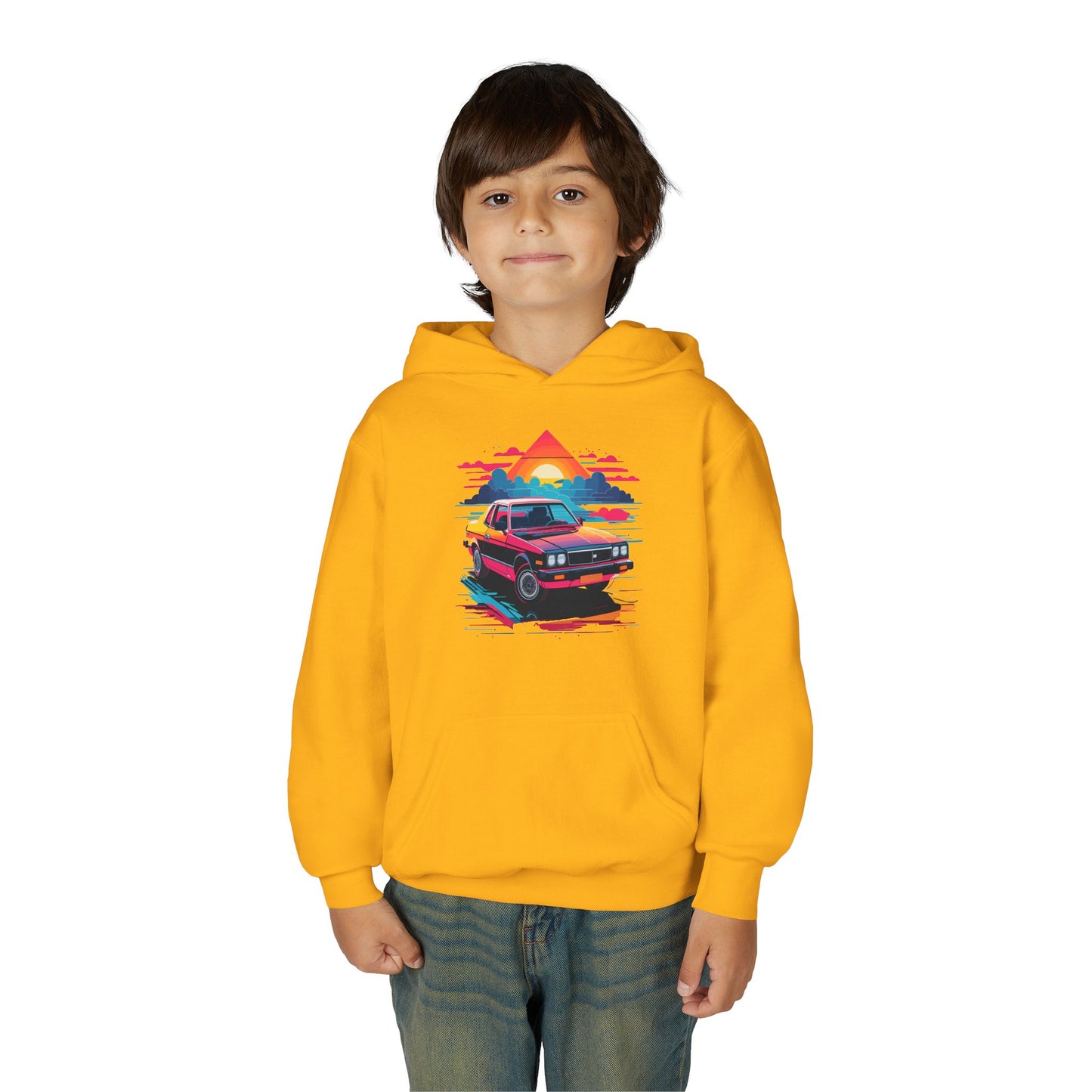 Youth Heavy Blend Hooded Sweatshirt - Retro Car and Sunset