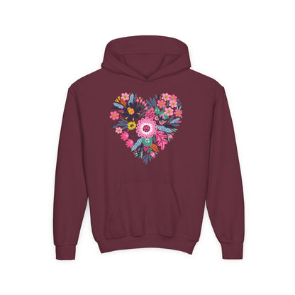 Youth Heavy Blend Hooded Sweatshirt - Flower hearts Printify