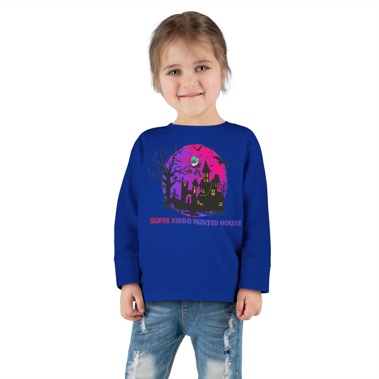 Toddler Long Sleeve Tee - Super kiddo flying on hunted house