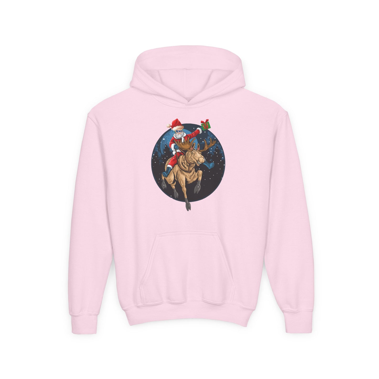 Youth Heavy Blend Hooded Sweatshirt - Super kiddo riding a reindeer