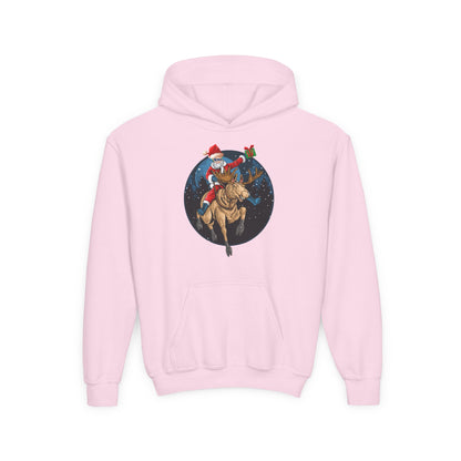 Youth Heavy Blend Hooded Sweatshirt - Super kiddo riding a reindeer - [[{"value":"Wonderwear Kid"}]]