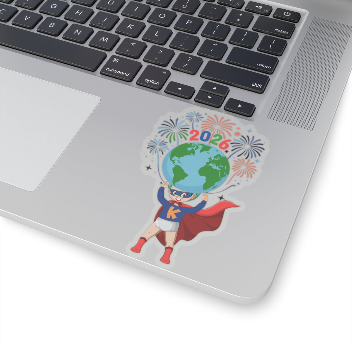 Kiss-Cut Stickers - Super kiddo holding globe - [[{"value":"Wonderwear Kid"}]]