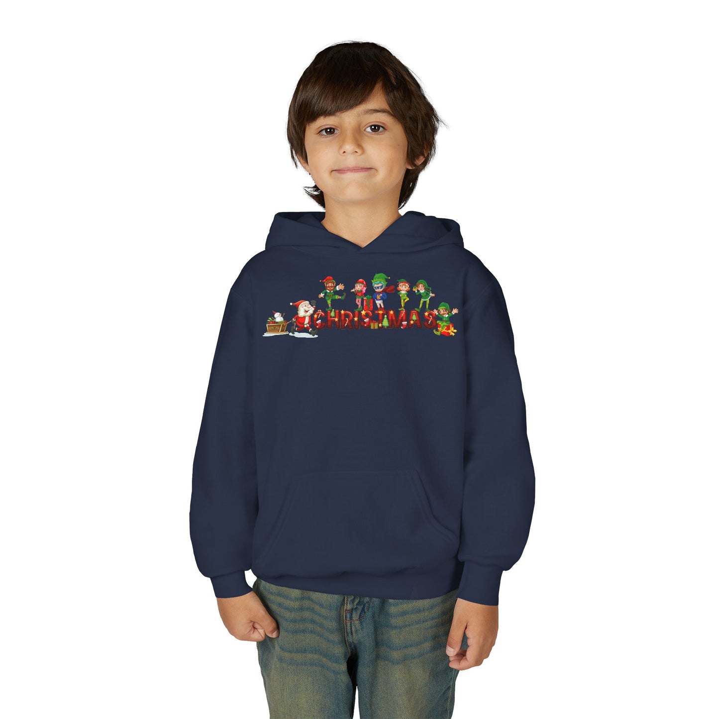 Youth Heavy Blend Hooded Sweatshirt - Christmas with santa claus and friends
