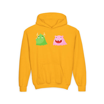 Youth Heavy Blend Hooded Sweatshirt - Green and pink monsters Printify