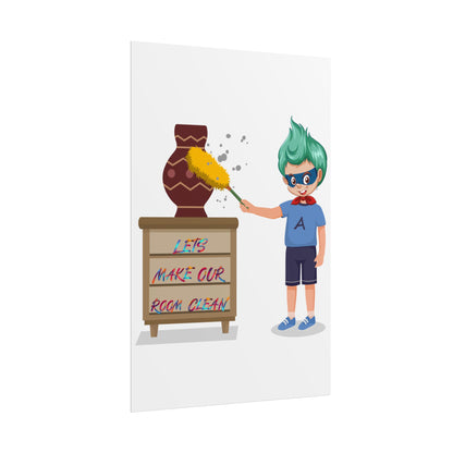 Rolled Posters - Super kiddo cleaning a vase - [[{"value":"Wonderwear Kid"}]]