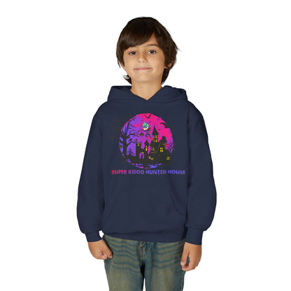 Youth Heavy Blend Hooded Sweatshirt - Super kiddo flying on hunted house - [[{"value":"Wonderwear Kid"}]]