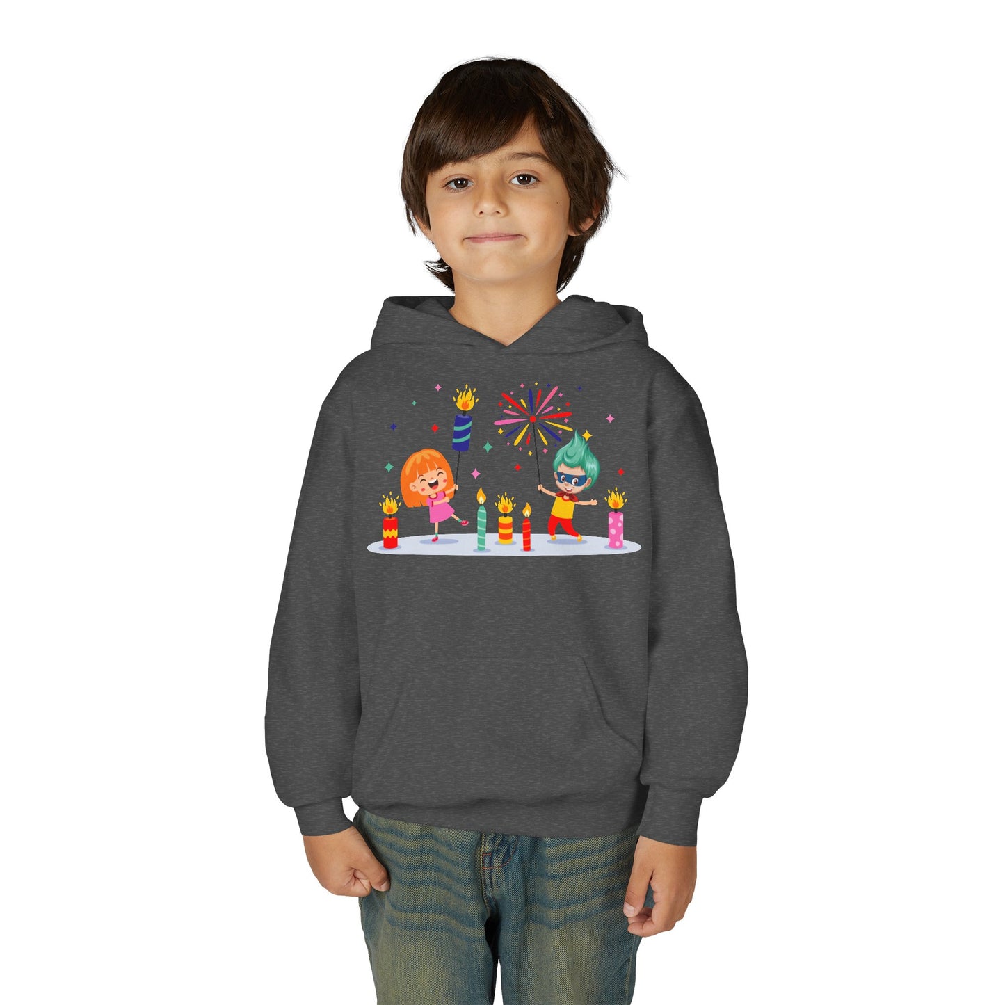 Youth Heavy Blend Hooded Sweatshirt - Super kiddo lighting fireworks