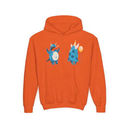 Youth Heavy Blend Hooded Sweatshirt - Blue monsters in action Printify