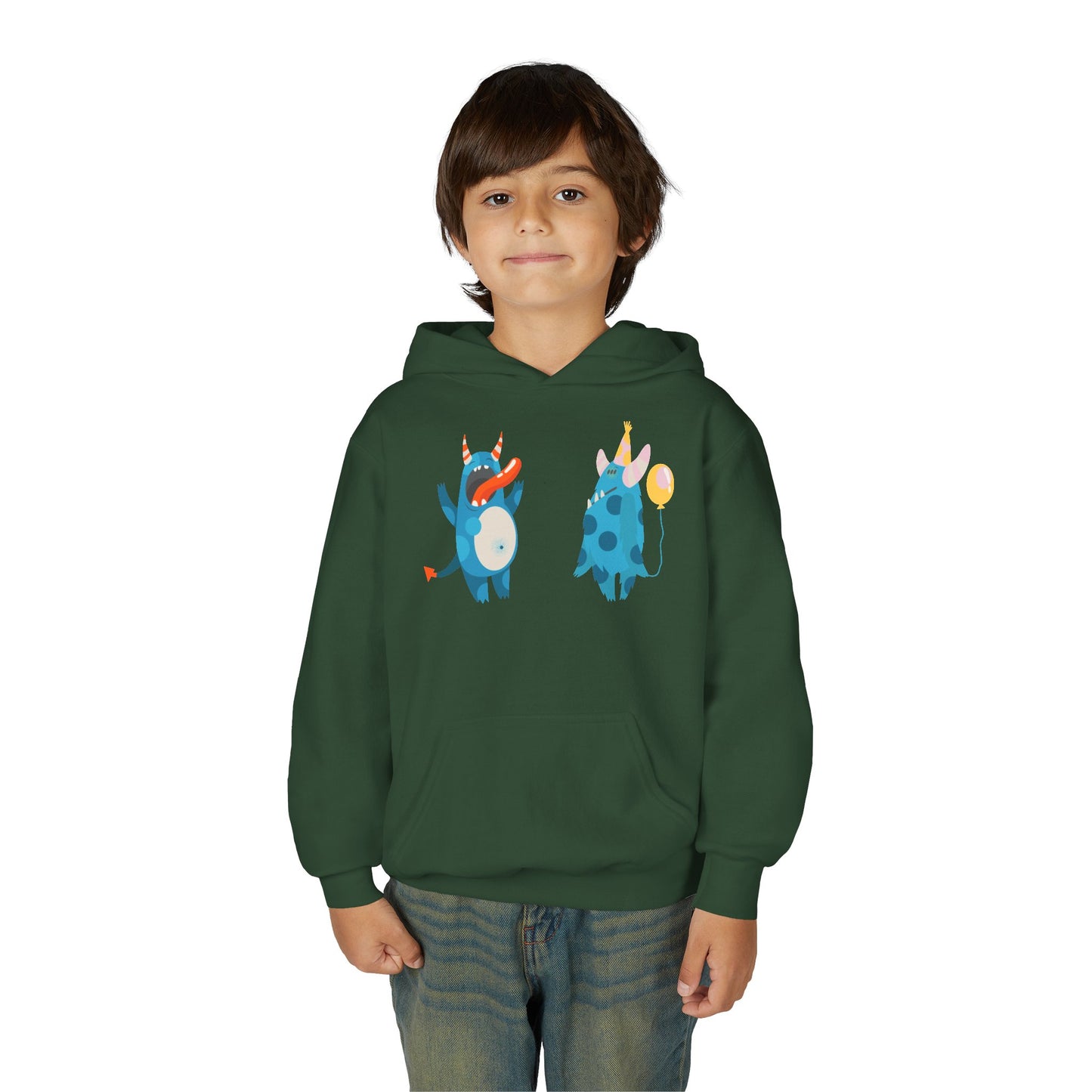 Youth Heavy Blend Hooded Sweatshirt - Blue monsters in action