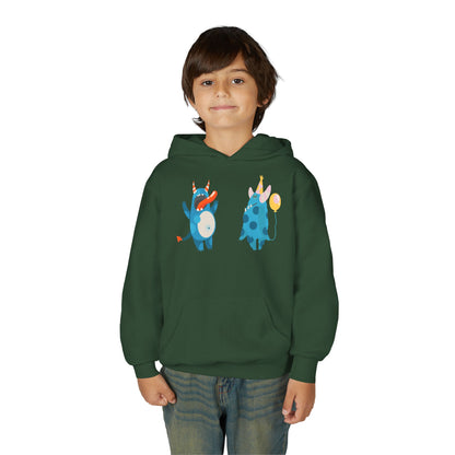 Youth Heavy Blend Hooded Sweatshirt - Blue monsters in action Printify